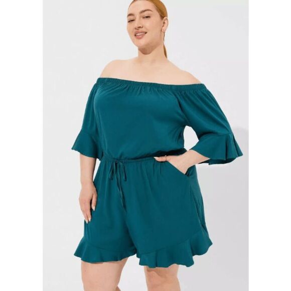 Torrid NWT size 3X stretch challis off the shoulder romper- gulf coast (dark tea - Picture 2 of 4